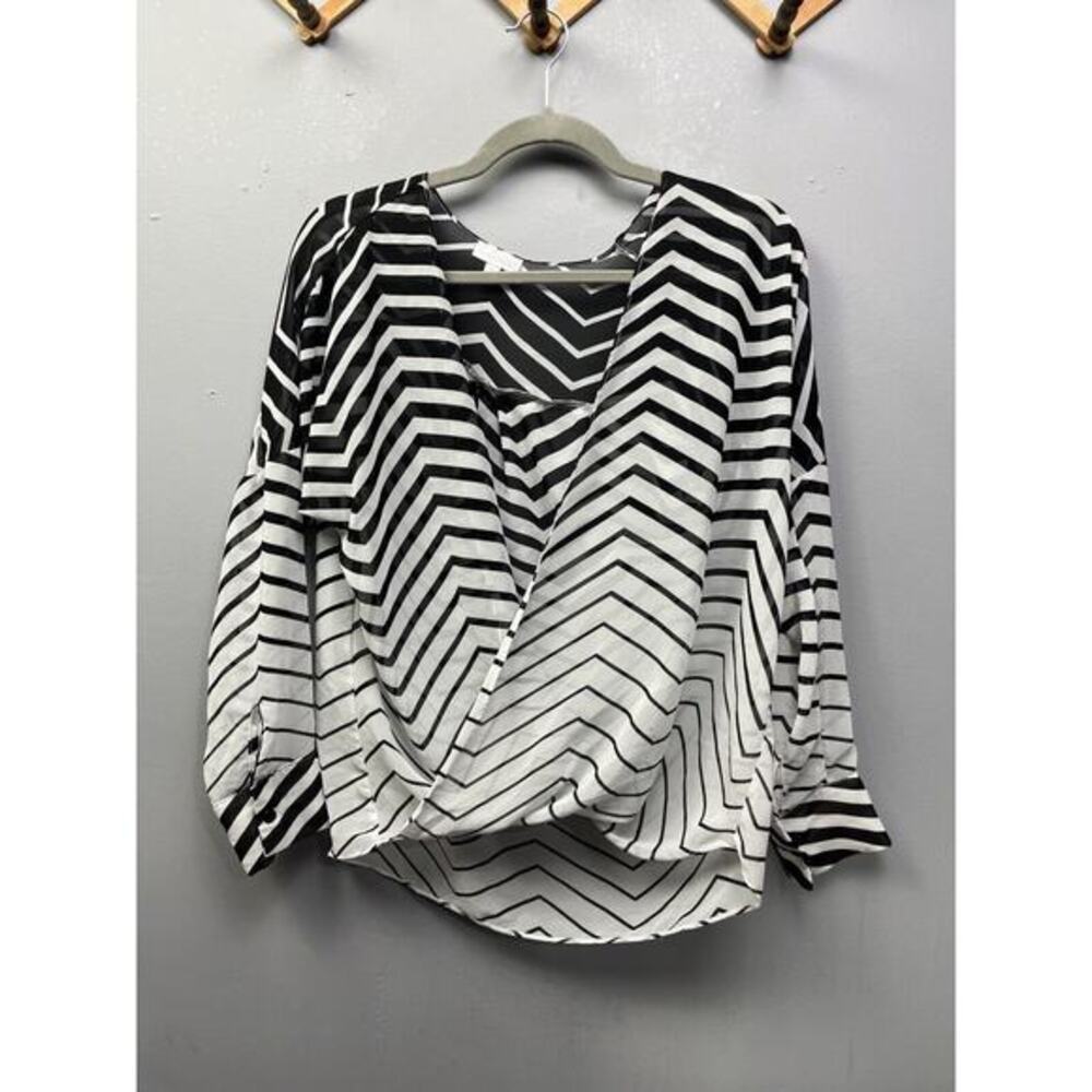 Charmingโ Charlie Top Womens size small black white sheer blouse Striped Wrap